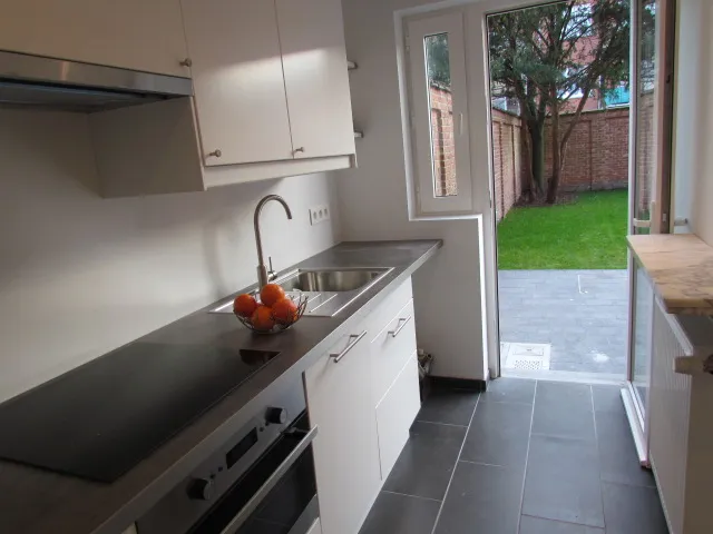Gerenoveerde witte keuken met tuindeur – IDGS Constructions, regio Brussel
